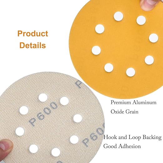 5-Inch 8-Hole Hook and Loop Sanding Discs 600-Grit Random Orbit Sandpaper, 50-Pack