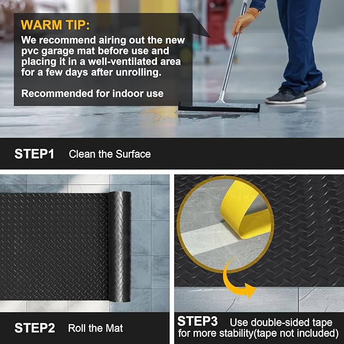 4x6FT Garage Floor Mat, 2.8mm Thickened Flooring Roll for Under Car, Golf Cart Parking Mat, Diamond Plate PVC Rubber Motorcycle Mat, Non-Slip Floor Protector for Garage Warehouse Trailer, Black