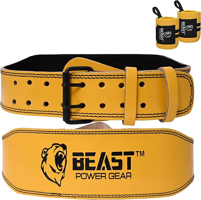 Weight Lifting Belt - 4” Genuine Leather Belts Padded Lower Back Support for Gym Bodybuilding Squat Deadlift Weightlifting Cross Strength Training Men Women Free Wrist Wrap