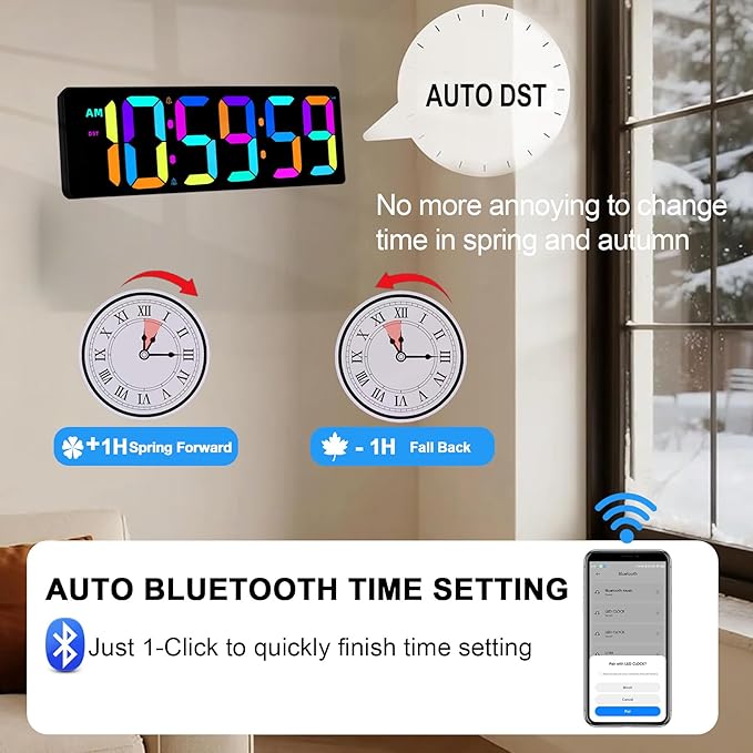 TXL 17.2" Bluetooth Digital Wall Clock with Seconds, Large Countdown Timer for Classroom Home Gym Kitchen Office, Alarm Clock with Remote Control, 4 Dimmable Brightness, Auto DST (RGB)