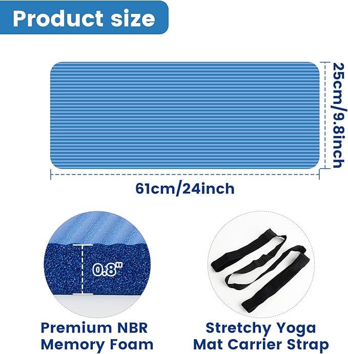 Yoga Knee Pad Cushion 0.8inch (20mm) Thick Yoga Mat with Carrier Strap for Pain Free Knees, Elbows, Wrists and Back, Workout Mats for Home Gym, Pilates, Planks, Ab Rollers (24"x10"x0.8")