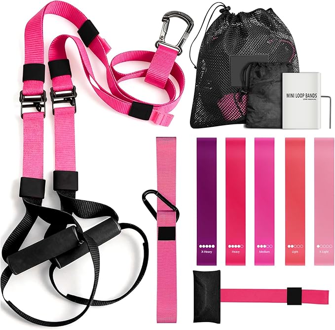 Home Resistance Training Kit - Full Body Workout Equipment with Suspension Straps, Handles & Door Anchor (Pink)