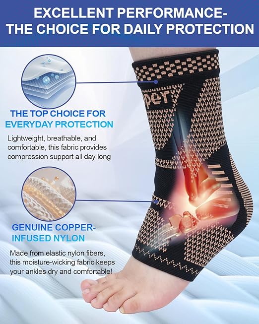 LISEPWU Copper Ankle Brace, Copper Infused Ankle Support Compression Sleeve for Men & Women, for Foot Pain Relief, Sprained Recovery, Achilles Tendonitis, Daytime or Night Use(S)