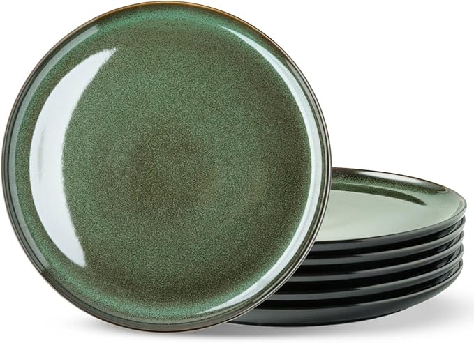 LERATIO Ceramic Plates Set of 6, 8.5 Inch Reactive Glaze Light Weight Porcelain Salad Plates,Modern Shape Dinnerware Dishes Set for Kitchen,Microwave&Dishwasher&Oven Safe,Resistant-Green
