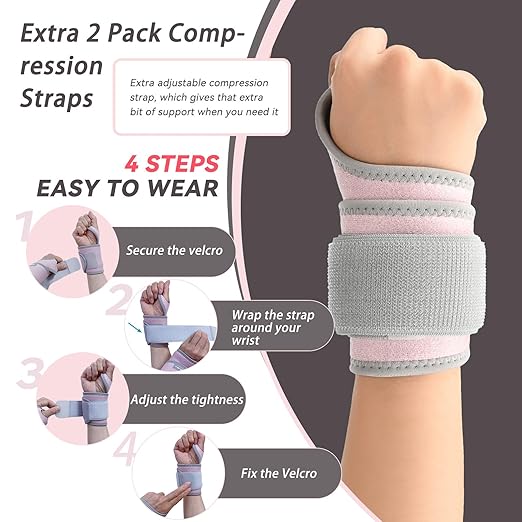 Wrist Brace for Carpal Tunnel 2 Pack Right Left Hand, Adjustable Wrist Brace for Day Night Support, Wrist Support Wraps for Women Men,Tendonitis, Arthritis, Weightlifting, Sports, Pink&Nude