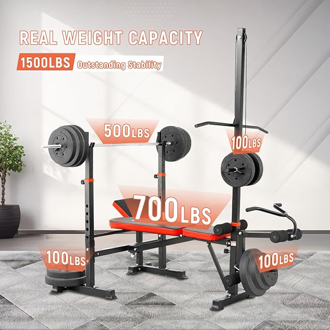 1500LBS 8 in 1 Weight Bench Set with Leg Extension/Curl and Preacher Curl, Bench Press Set and Barbell Rack with Safety Bar Catches, Foldable Workout Benches for Home(US Stock)