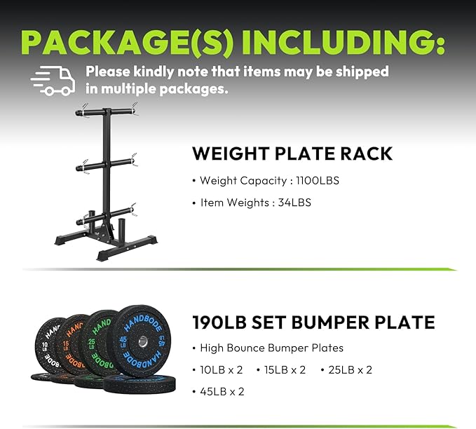 HANDBODE Weight Plate Rack with Barbell Storage, 6-Peg Vertical Holder for 1 or 2-Inch Plates, Heavy Duty 1100 lbs Capacity for Home Gym Organization
