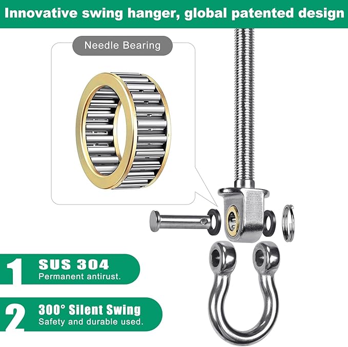 SELEWARE Heavy Duty Bearing Swing Hangers, 6 Pack Stainless Steel Swing Set Hooks for Wood and Steel Beam, for Hammock, Yoga Swing, Porch Swing, Heavy Bag, 5" x M2/5", 1500LB Capacity