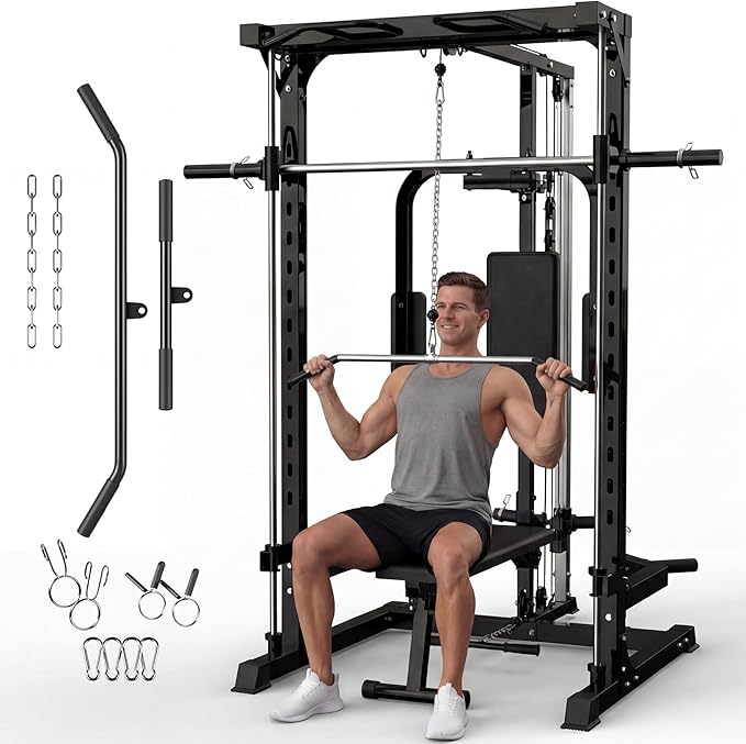 Garvee Smith Machine, Heavy Duty Power Cage Squat Rack with Smith Bar, LAT Pulldown System, Chest Station & More Training Attachment, Home Gym Equipment for Strengthen Training