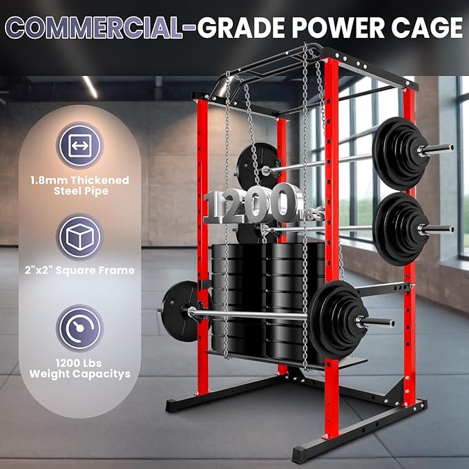 Multi-Function Power Cage, 1200 Lbs Capacity Squat Rack with Adjustable Cable Crossover, Stainless Steel Heavy Duty Fitness Cable Machine, for Training, Exercise Muscles
