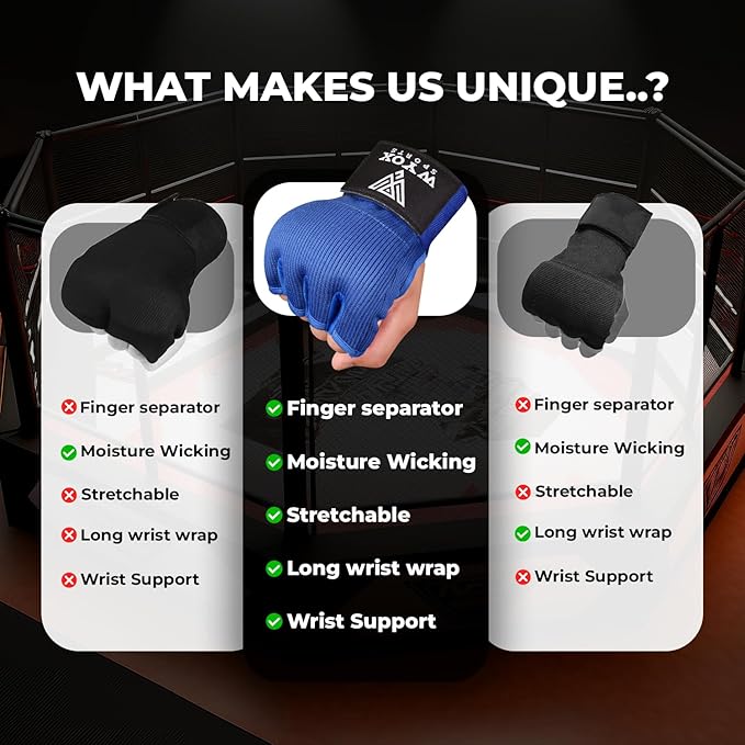 WYOX Gel Boxing Hand Wraps Inner Gloves for Men & Women – 80cm Quick Wrist Strap, Padded Knuckle Support, Fingerless MMA Muay Thai Kickboxing Wraps for Training, Punching & Martial Arts