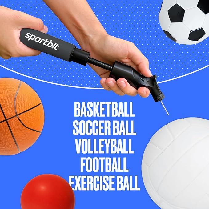 SPORTBIT Ball Pump for Sports Balls - Push & Pull Inflating System - Hand Pump for All Exercise Balls - Volleyball Pump, Basketball Inflator, Football & Soccer Ball Air Pump - Goes with 5 Needles Set