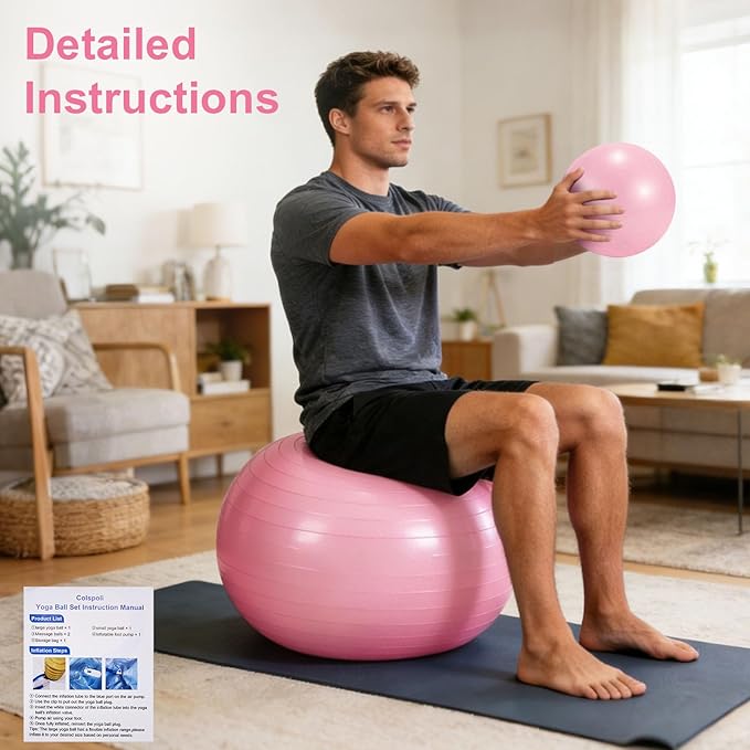 4Pcs Yoga Ball Set includes Large and 9in Pilates Balls, Massage & Spiky Ball for Fitness ,Anti-Burst Exercise Ball with Pumb for Pregnancy,Physical Therapy,Office Chair, Home Workout,3Sizes,3Colors