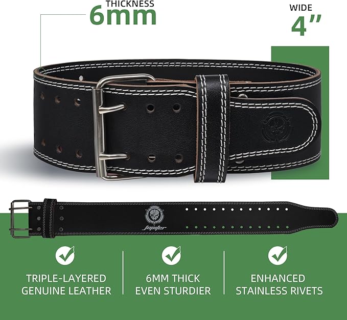 Weight lifting Belt (6mm Thick) - Genuine leather, offering back support. Double-pronged buckle, ideal for weightlifting, powerlifting, squats and deadlifts