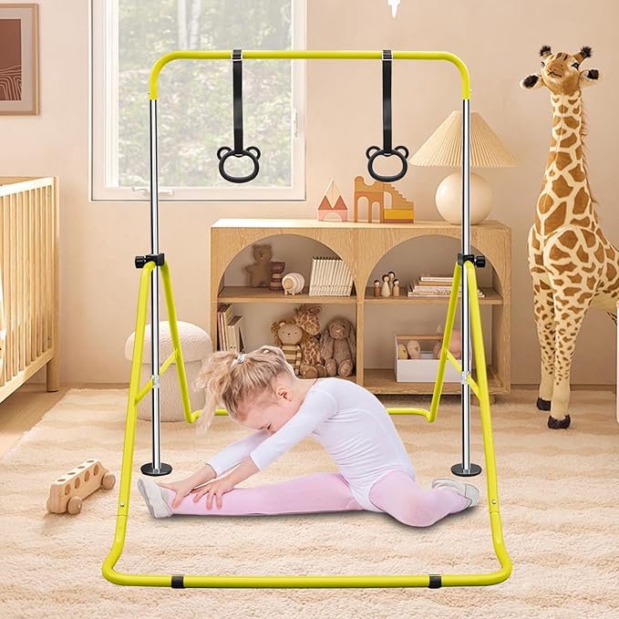 Anwick Gymnastics Bar for Kids - Height Adjustable Horizontal Monkey Bars with Rings, Folding Training Equipment for Indoor Outdoor Home Gym, Kids Exercise Pull Up Bar