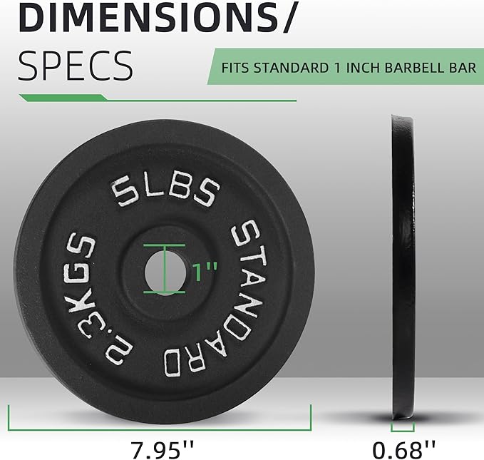 Fitvids 1 Inch Standard Barbell Weight Plates, 2.5 LB to 45 LB Plates for Home Gym Strength Training, Deep Grip Edge
