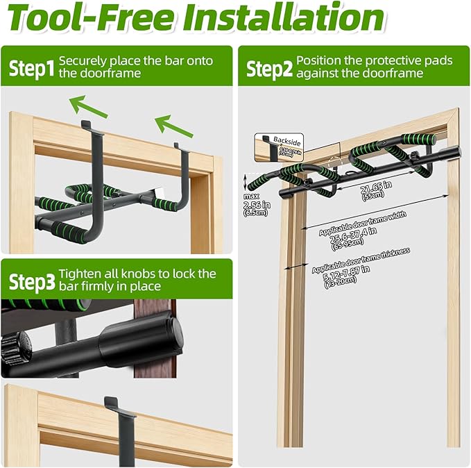 Upgrade Pull Up Bar for Doorway with Ergonomic Grip, Max Load 440 lbs No Screws Pullup Bar for Home Gym Indoor Exercise Strength Training, Authorized Under US Patent