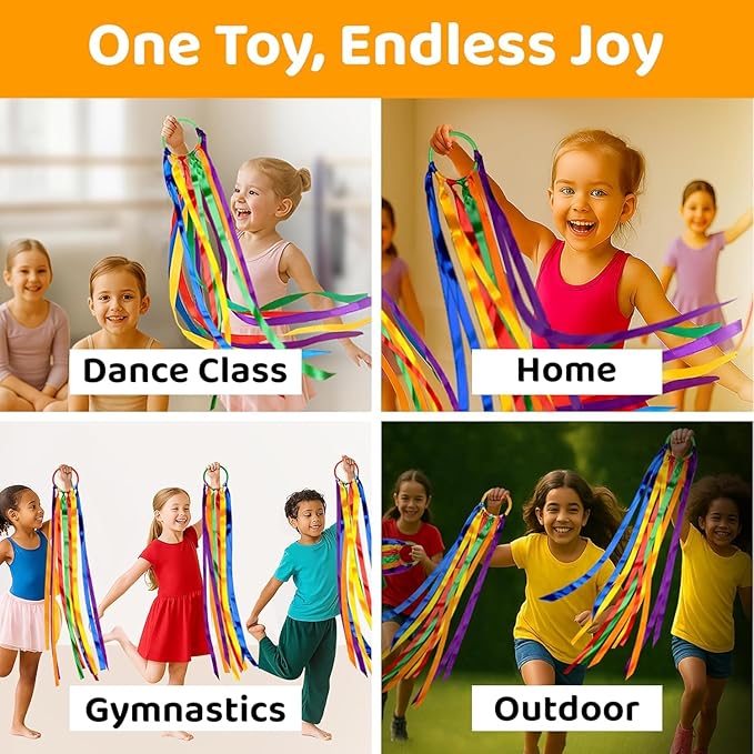 GSi Multicolor Ribbon Wands & Rings for Kids - Pack of 6 Dance Streamers with 9" Stick, 1m Ribbons, Gymnastics & Party Use