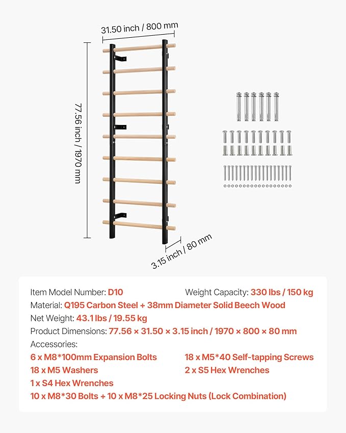 VEVOR Swedish Ladder Wall Gym, 9-Level Swedish Ladder Suspension Trainer, 330LBS Loading Solid Wood + Carbon Steel Gymnastics Stall Bars for Adult, Compatible with 3.15" x 3.15" Power Rack Accessories