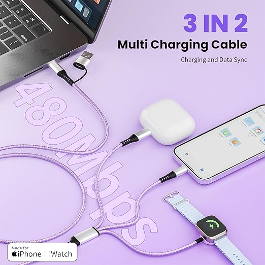 Travel Essentials, 3 in 2 USB A/C Cable to iPhone 17 Charger/iWatch Charger/IP, Braided Multi Charging Cable Cord, RV Camping Essentials, Designed for iWatch Series & iPhone17-11/iPad [Purple, 5FT]