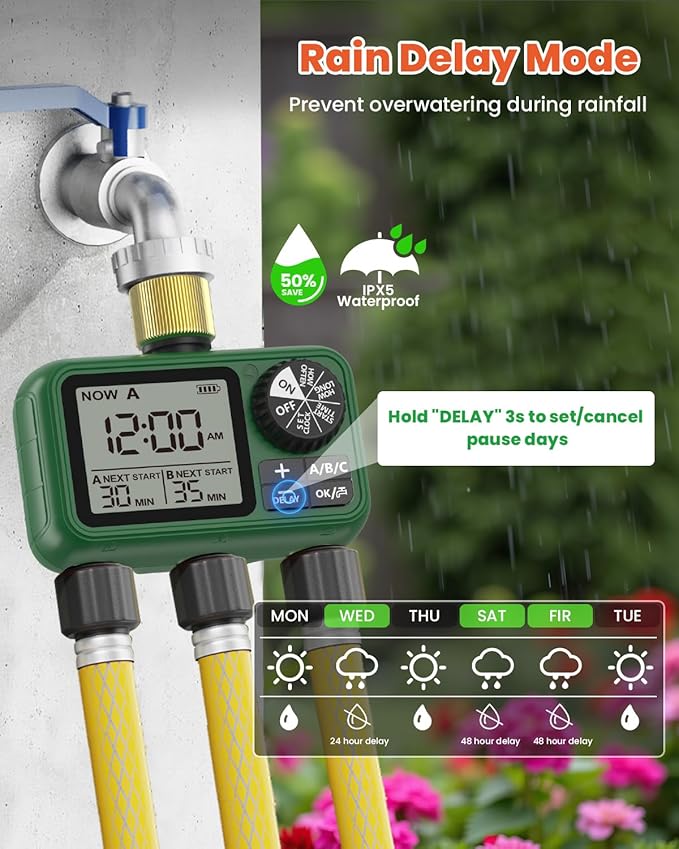 Water Timer for Outdoor Garden Hose, Sprinkler Timer for Garden Faucet with Auto/Manual/Rain Delay Mode, Sprinkler Irrigation Controller for Yard Lawn (3 Zones Brass Inlet & Outlet)