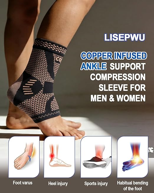 LISEPWU Copper Ankle Brace, Copper Infused Ankle Support Compression Sleeve for Men & Women, for Foot Pain Relief, Sprained Recovery, Achilles Tendonitis, Daytime or Night Use(L)