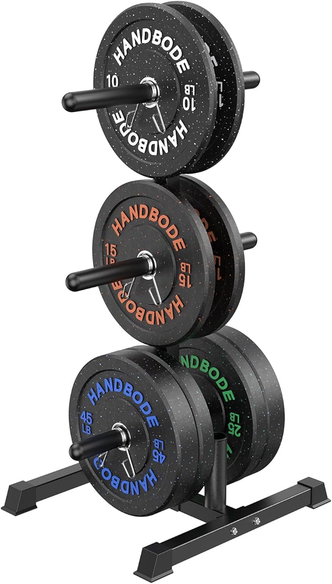 HANDBODE Weight Plate Rack with Barbell Storage, 6-Peg Vertical Holder for 1 or 2-Inch Plates, Heavy Duty 1100 lbs Capacity for Home Gym Organization