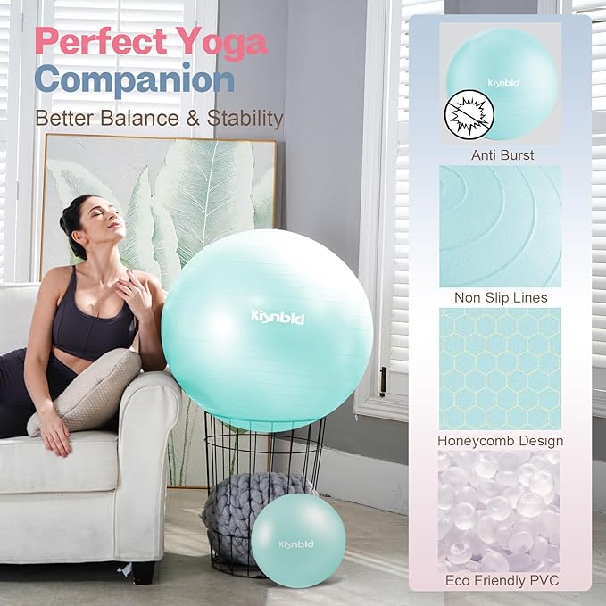 kisnbld Exercise Ball, Extra Thick Yoga Ball for Workout Pregnancy Stability, 4 Sizes Anti-Burst Balance Ball with Foot Pump - Heavy Duty Fitness Ball Chair for Office, Home & Gym