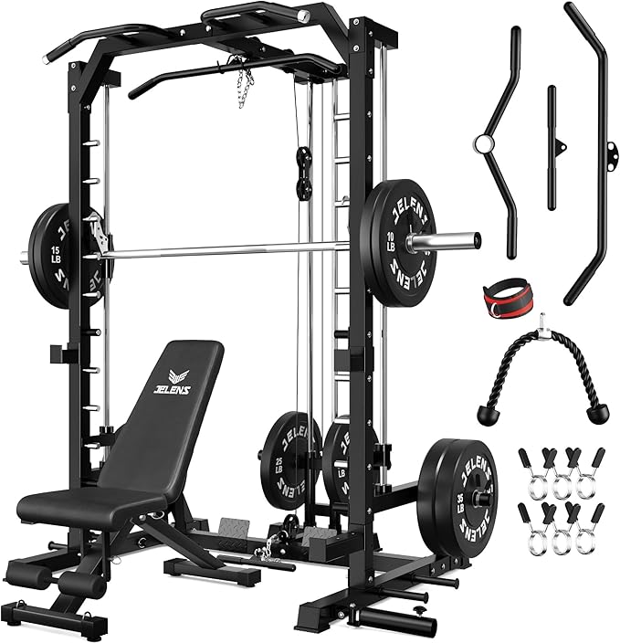 JELENS SR01 Smith Machine, 2000LBS Multi-Function Power Cage with LAT Pulldown System, All-in-One Home Gym Squat Rack with Smith Bar and Training Attachments for Full Body Workouts