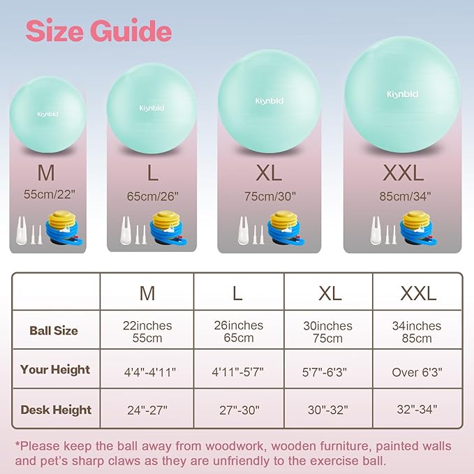 kisnbld Exercise Ball, Extra Thick Yoga Ball for Workout Pregnancy Stability, 4 Sizes Anti-Burst Balance Ball with Foot Pump - Heavy Duty Fitness Ball Chair for Office, Home & Gym