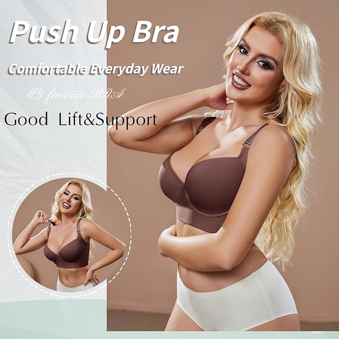 Super Push Up Bra Smoothing Back Fat Bra with Support Comfortable Seamless T Shirt Bra (34B-46DD)