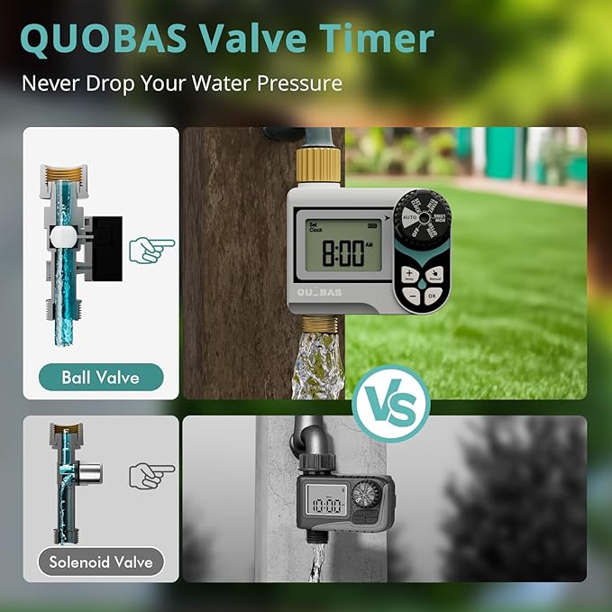 QUOBAS 2 Pack Low Pressure Water Timer, Programmable Sprinkler Timer with Brass Inlet & Outlet for Rain Barrel, Garden Hose, with Ball Valve & Waterproof Screen, Rain Delay/Manual/Auto Modes