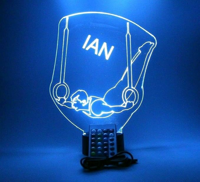 MIRROR MANIA Gymnast Night Light Up Table Lamp LED Personalized Name Free Engraved Male Boy Still Rings Gymnastics Gift - It's Wow, Comes with Remote, 16 Color Changing Options