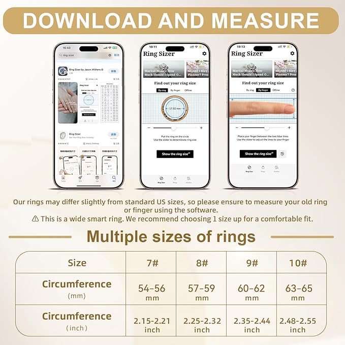 Smart Ring for Women& Men, Fitness Ring & Sleep Tracker Health Tracker With Heart Rate & Blood Oxygen Monitor, Step Counter Ring,IP68 Waterproof, No Subscription Fee for IOS & Android (Gold, #7)