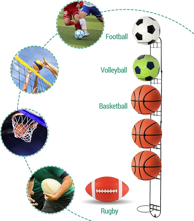 MyGift Modern Black Metal Sports Ball Storage Rack, Medicine Ball, Basketball, Soccer Ball, Volleyball Wall Holder for Gym or Garage