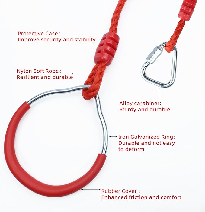 Backyard Ninja Ring Hang Gymnastic Fist Swing Monkey Bar Playground Equipment Climbing Attachment Playground Play Set, 8 Red Obstacle Course Fit Rings Jungle Gym Slackline Warrior Training Equipment