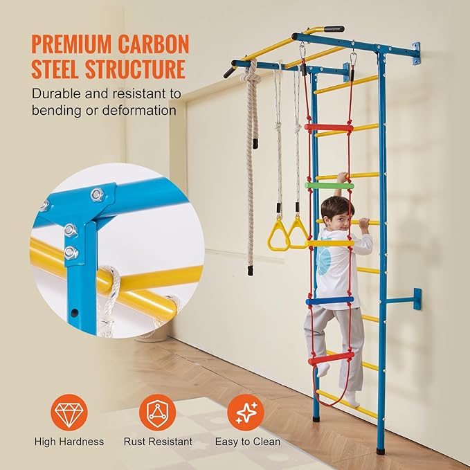 VEVOR Indoor Jungle Gym for Toddlers, 5-in-1 Climbing Playset with Carbon Steel Swedish Ladder, Wall Ladder, Pull-Up Bar, Rope Ladder, and Gymnastic Rings, Supports 220 lbs, Multicolor