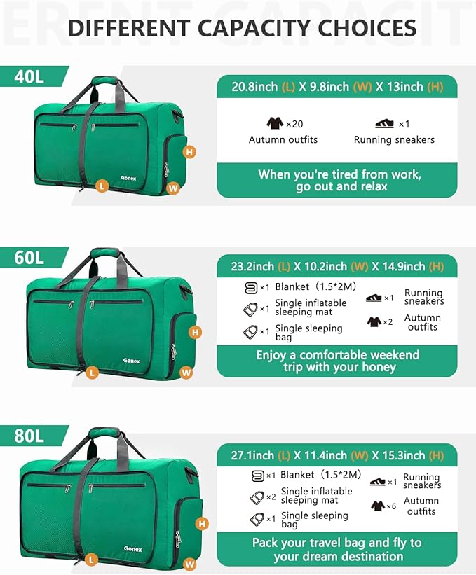 Gonex Large Foldable Travel Duffle Bag with Shoes Compartment, Packable Lightweight Water Repellent Duffel Bag for Camping Gym Weekender Bag