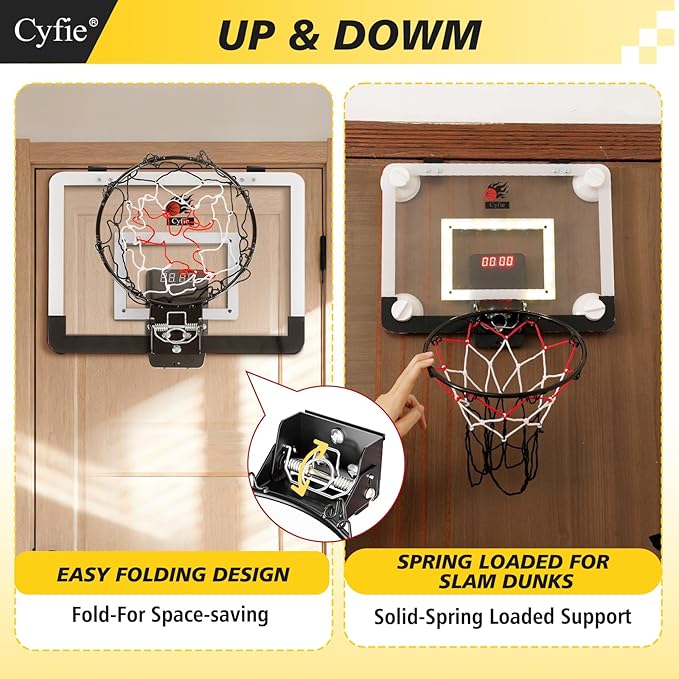 CYFIE LED Basketball Hoop, Suction Cup/Over The Door Basketball Hoop with Sturdy Backboard/Electronic Scoreboard, Sound, 3 Balls, Mini Indoor Basketball Toy Gifts for Kids Teens Boys Girls Youth