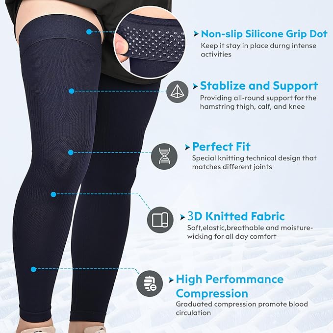 KEKING Full Leg Compression Sleeves, Unisex, Thigh High Compression Stocking 20-30mmHg Graduated Support for Thigh Calf Knee, Running, Basketball, Reduce Varicose Veins and Swelling, Navy Blue S