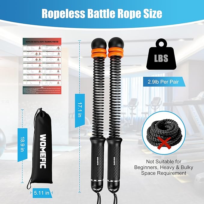 Weighted Ropeless Battle Ropes Adjustable Weight - Portable Cordless Battle Ropes for Home Gym with Poster - Strength Building, HIIT and Low-Impact Aerobic Training for Men & Women (Black)