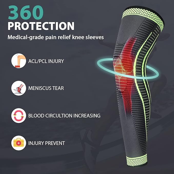 2 Pack Full Leg Compression Sleeves for Men And Women Long Knee Brace Support for Basketball, Running, Workout, Cycling, Sport