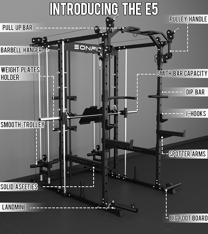 Eonfit E5 Smith Machine with Vertical Leg Press, Power Cage Squat Rack with LAT-Pull Down Cable Crossover Rotating Arms System Home Gym Equipment All in One