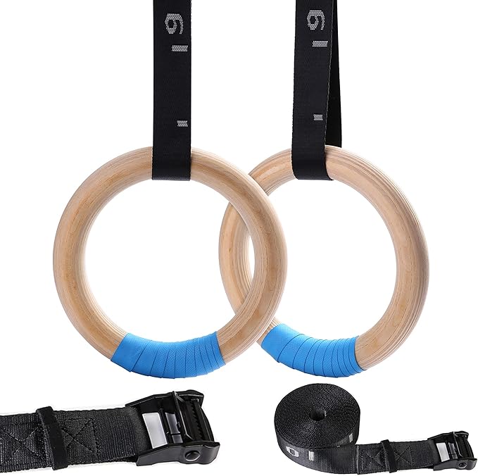 Wood Gymnastic Rings with Adjustable Number Suspension Trainer Straps with Cam Buckle 15ft Olympic Rings 32/28mm Heavy Duty 1543/992lbs for Pull Up Bar Workout Exercise Gym Hanging Rings Indoor