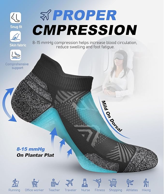Cushioned Cotton Ankle Compression Socks for Men Women 6 Pairs Wicking Low Cut Arch Support Plantar Fasciitis Socks