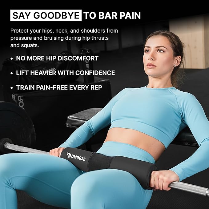 DMoose Fitness Barbell Pad for Hip Thrust, Squat & Lunges - Non-Slip Thick Foam Cushion for Neck and Back Support with Two Straps - Hip Thrust Pad for Leg Day - Fits All Olympic Bars and Smith Machine