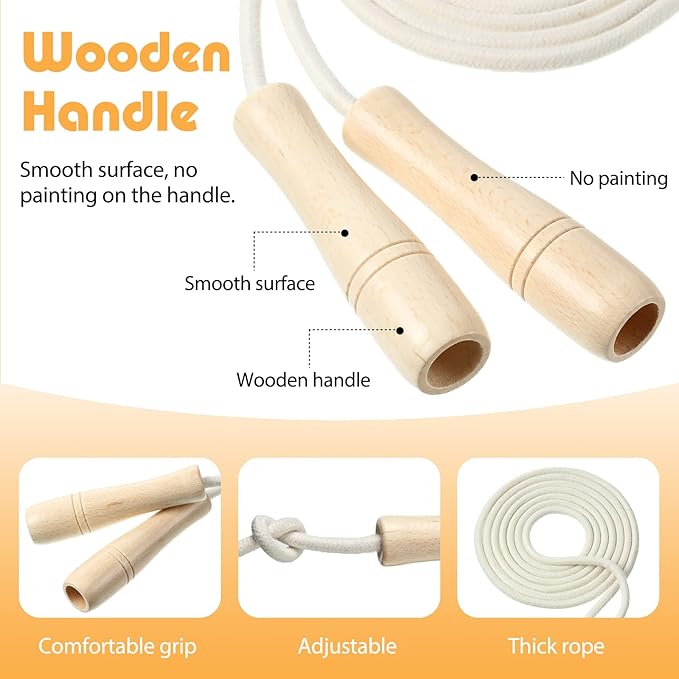 Hungdao 4 Pcs Jump Ropes for Kids with Wooden Handle Cotton Braided Adjustable Skipping Rope for Exercise Fitness Jumping Rope for Children Boys Girls Students Preschooler Outdoor Fun Activity
