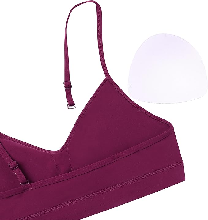 Oalka V Neck Sports Bra for Women Adjustable Padded Thin Straps Wireless Yoga Bras