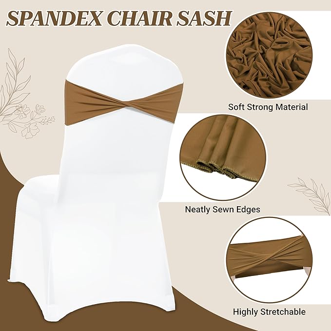 MDS Pack of 150 Spandex Chair Sashes Bows Elastic Stretch Dining Chair Bands Ties Without Slider Buckle Universal fits for Wedding Baby Shower Birthday Party Banquet Event Decoration - Mocha