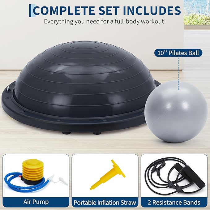 23 Inch Half Balance Ball, Anti-Slip with 1600LB Capacity, Stability Trainer for Core Strength, Includes Resistance Bands, Pump & Bonus Yoga Ball for Home Gym Fitness Workouts